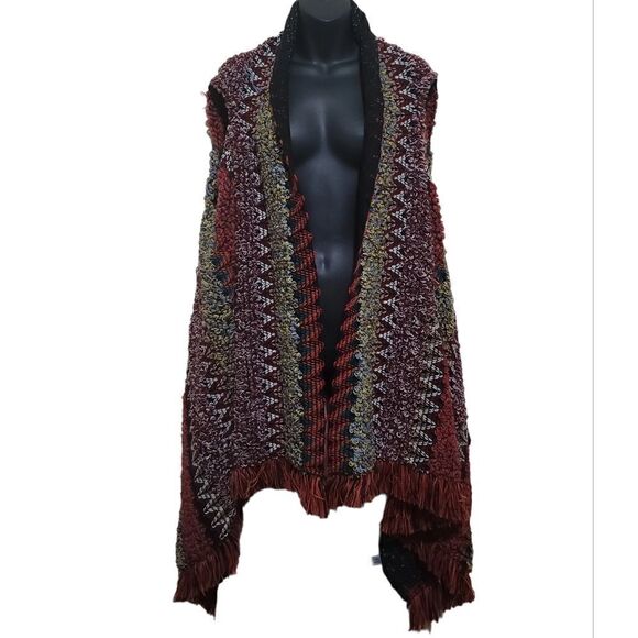 Fringe Shawl Multicolored Open Front Sleeveless Sweater Oversized Sz Large